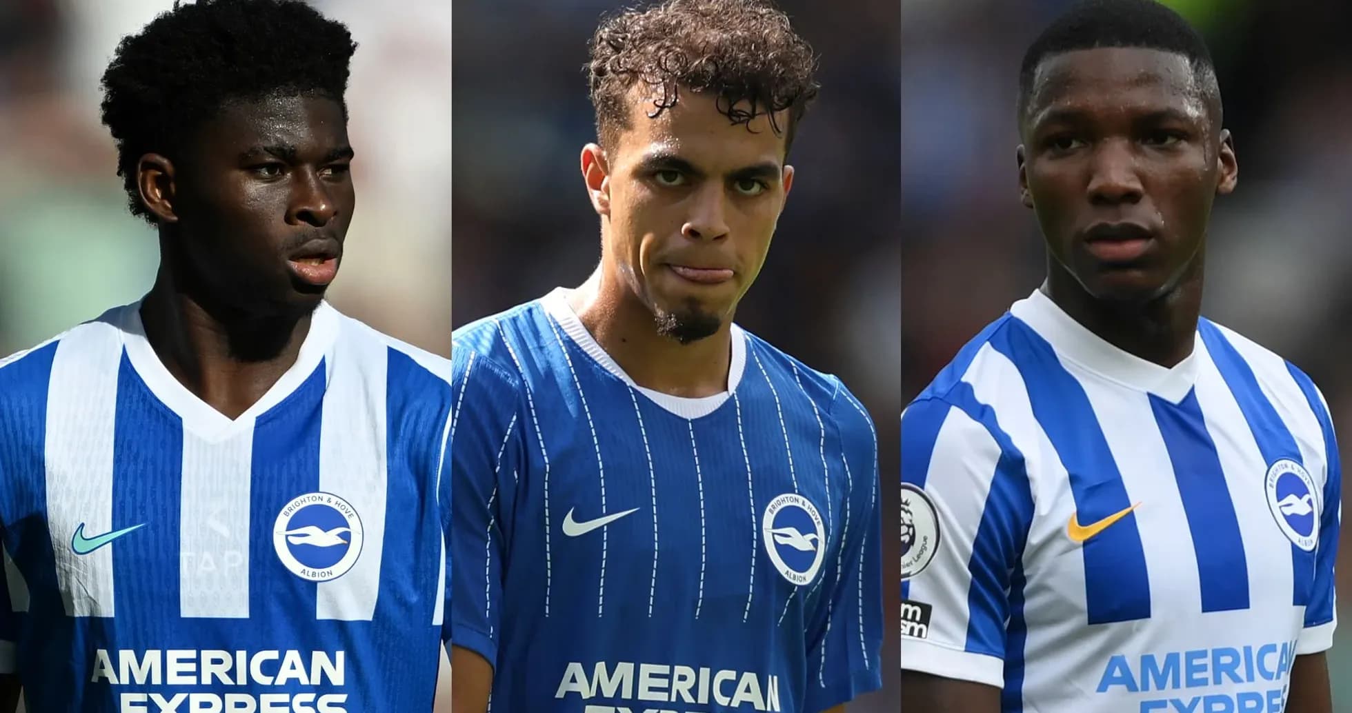 Three Brighton players in team jerseys on field Three Brighton players in team jerseys on field