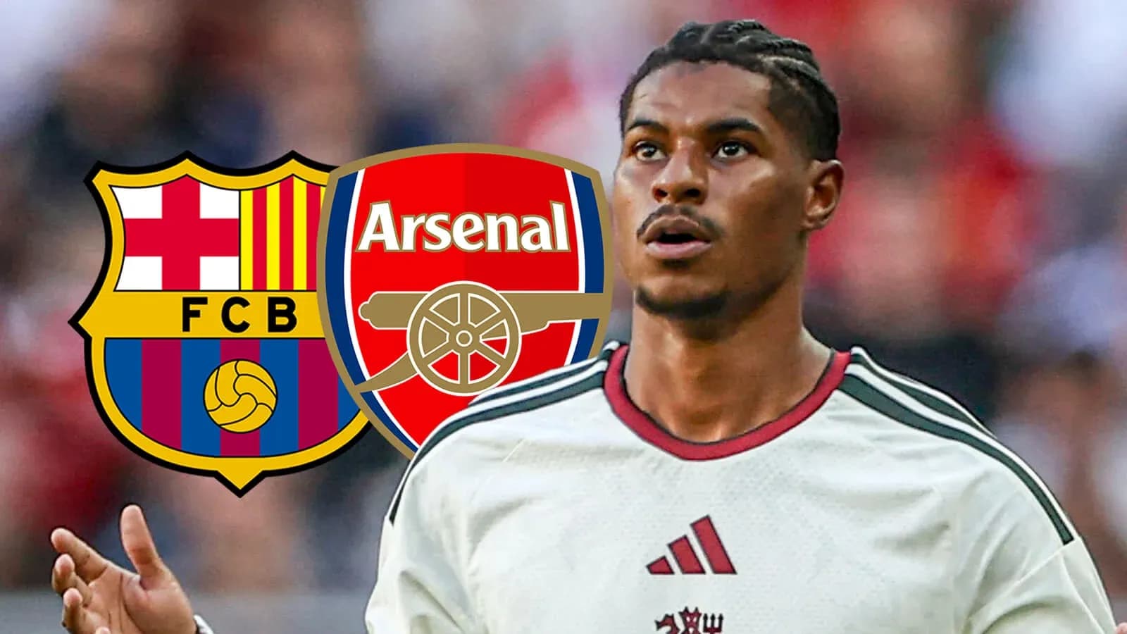 Football player with Barcelona and Arsenal logos overlay Football player with Barcelona and Arsenal logos overlay