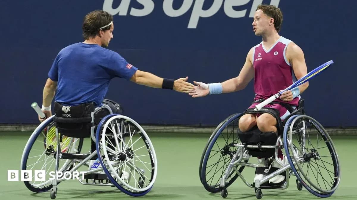 Two wheelchair tennis players shaking hands on court Two wheelchair tennis players shaking hands on court