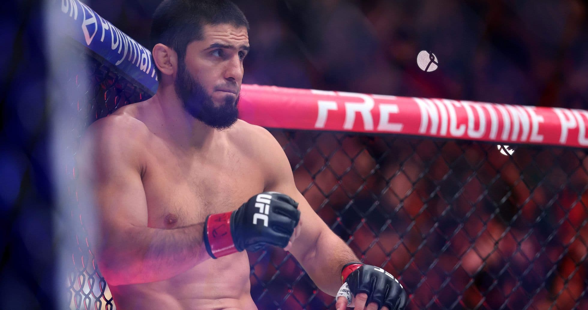 Fighter sitting in corner of octagon during match Fighter sitting in corner of octagon during match