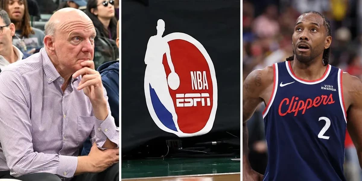 Steve Ballmer, NBA logo, and Kawhi Leonard during game Steve Ballmer, NBA logo, and Kawhi Leonard during game